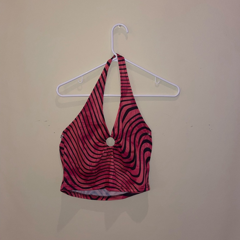 swirly pattern pink halter crop top